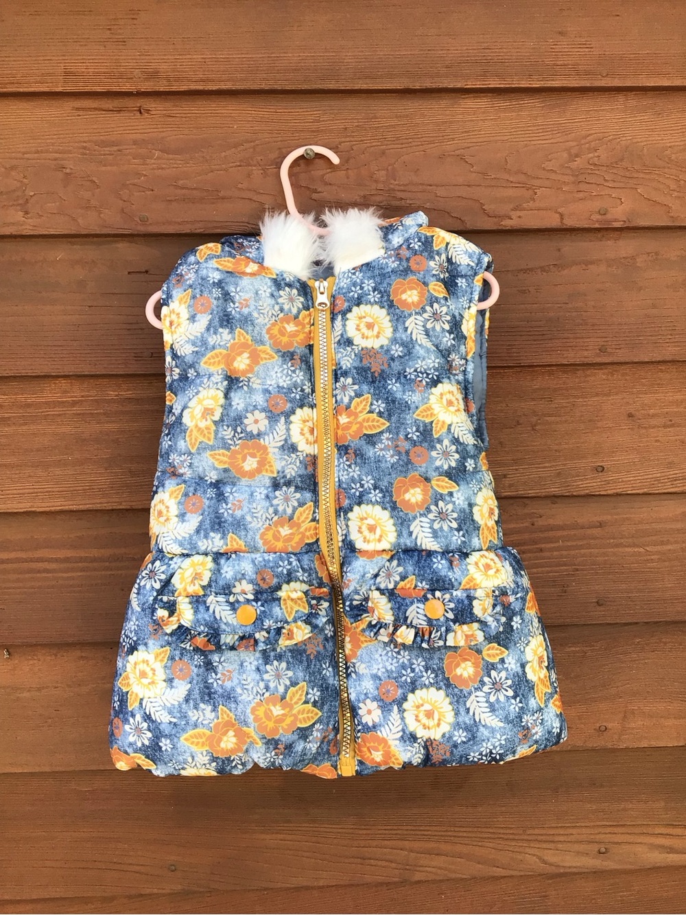 Little Lass Blue Floral Puffy Vest with White Faux-Fur Trim